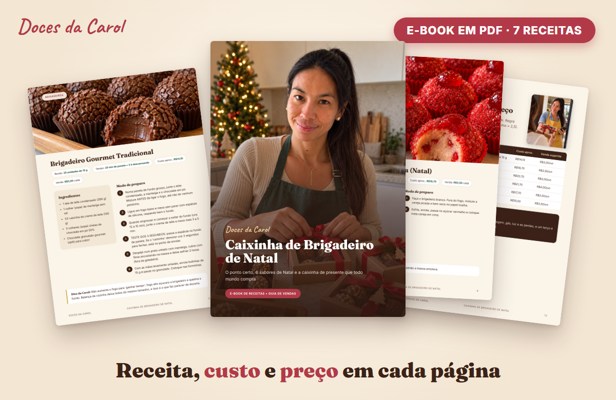 Capa e páginas reais do e-book Caixinha de Brigadeiro de Natal com receitas, custos e preços