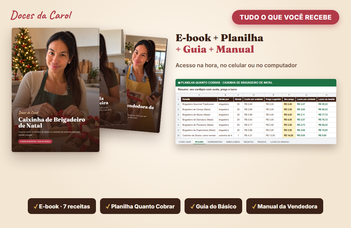 Kit completo com o e-book Caixinha de Brigadeiro de Natal, a planilha Quanto Cobrar, o Guia do Básico e o Manual da Vendedora