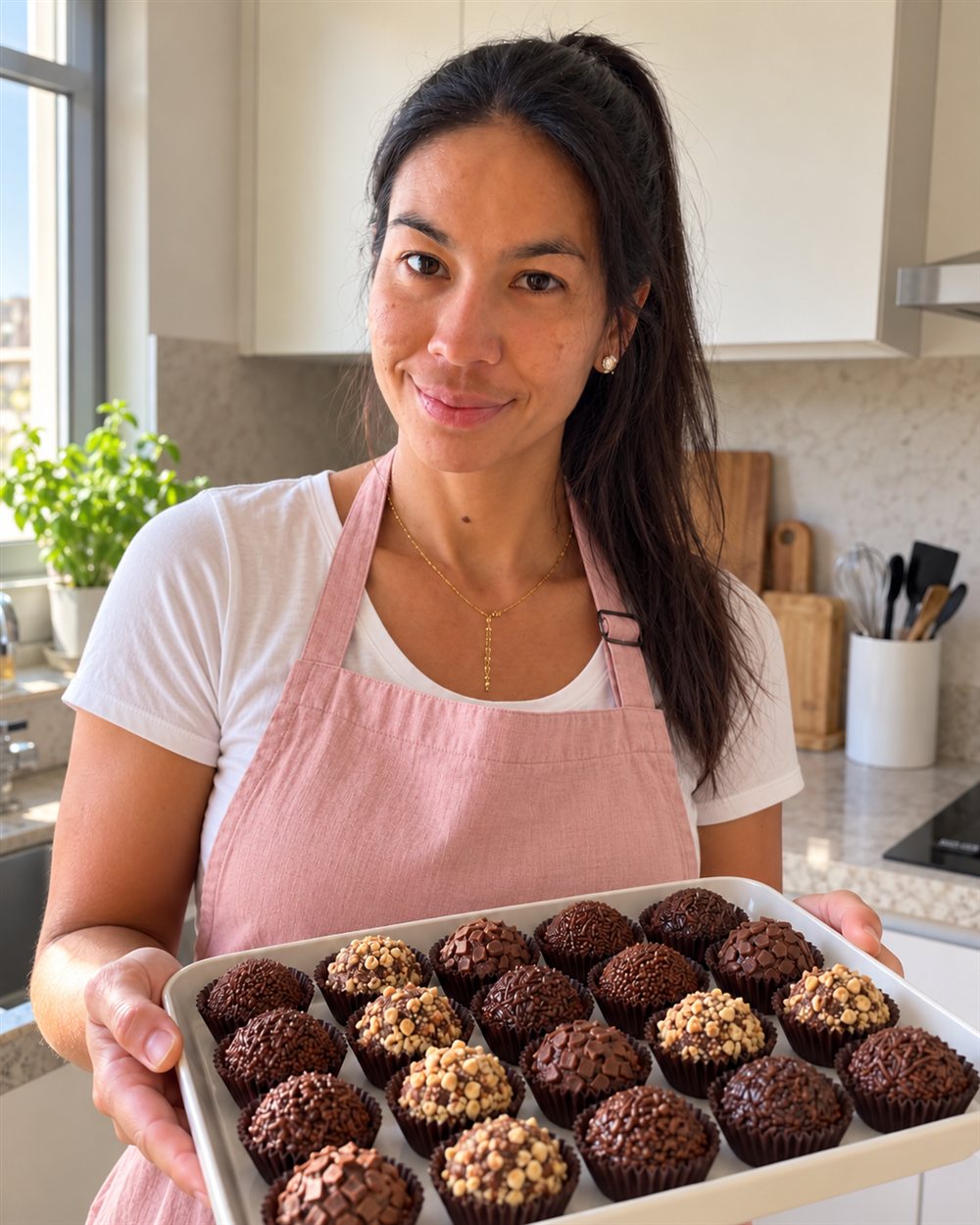 Carol segurando uma travessa cheia de brigadeiros decorados na cozinha de casa