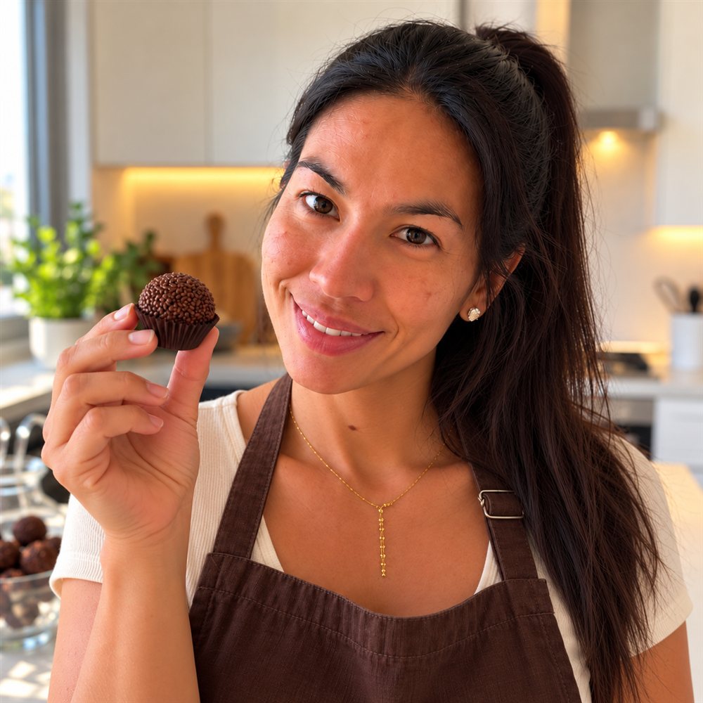 Retrato da Carol sorrindo e segurando um brigadeiro confeitado na cozinha de casa